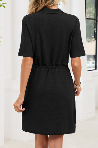 Solid Color Lapel Drawstring Pocket Dress