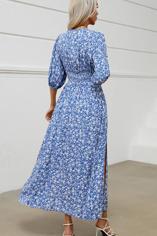 V Neck Floral Print Slit Design Maxi Dress