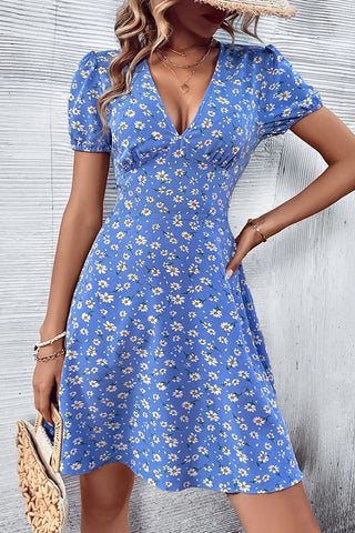 Fashion Floral Print V Neck Casual Dress