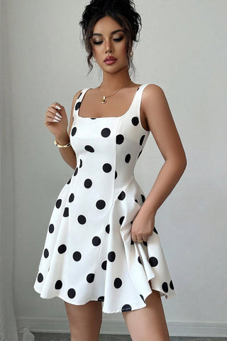 Dots Print Square Neck Cinched Waist Dress