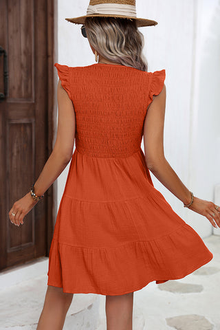 Solid Color Smocked Ruffle Hem Mini Dress
