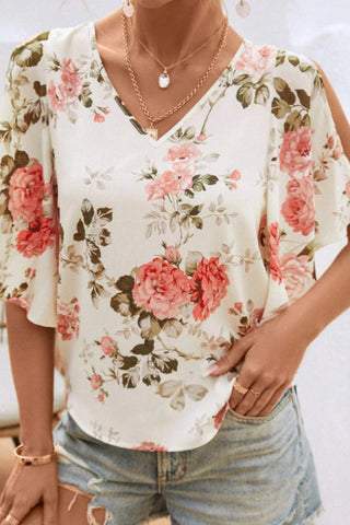 Floral Print Off-Shoulder V Neck Casual Top