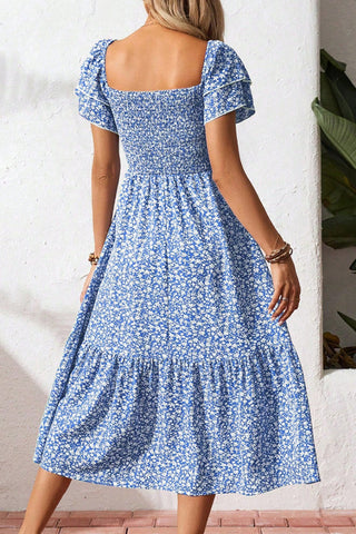 Floral Print Square Neck Smocked Dress
