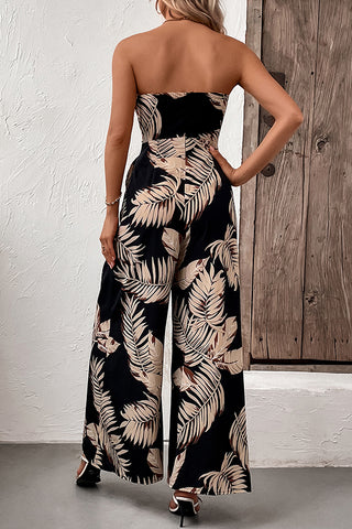Leaf Print Bandeau Tie Waist Jumpsuit