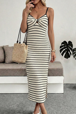 Fashion Stripe Print Side Slit Casual Dress