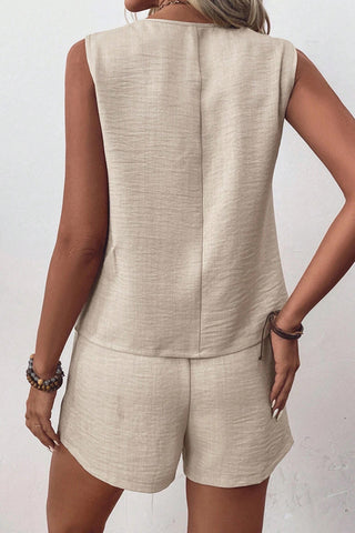 V Neck Solid Color Button Two Piece Set