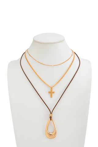 Vintage Hollow Water Drop Cross Layered Necklace