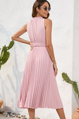 Solid Color Tie Front Smocked Waist Pleated Dress
