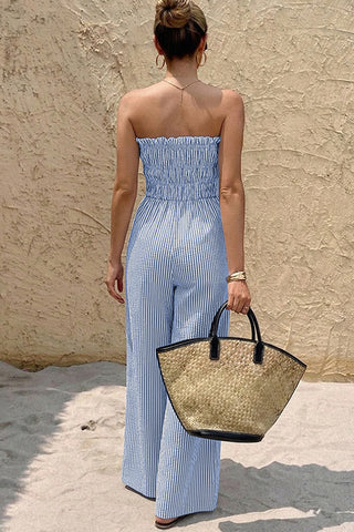 Stripe Print Bandeau Cutout Tie Front Jumpsuit