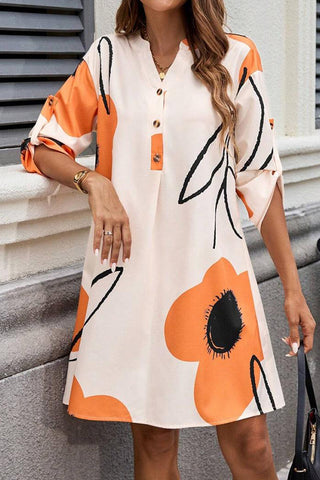 Fashion Color Block V Neck Button Dress
