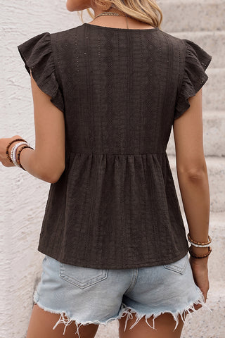 Lace Patchwork V Neck Ruffle Sleeves Tops