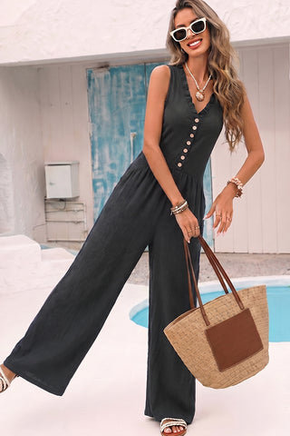 V Neck Solid Color Frill Casual Jumpsuit