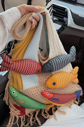 Bohemian Style Fish Design Color Block Knitted Bags