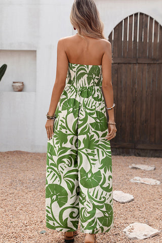 Resort Style Bandeau Printed Smocked Jumpsuit