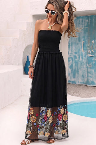 Smocked Bandeau Mesh Floral Embroidered Dress