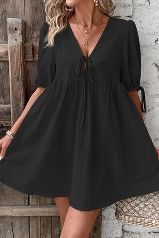 V Neck Tie Front Solid Casual Mini Dress