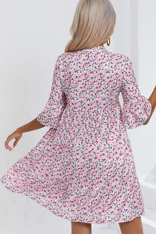 Floral Print V Neck Flared Sleeves Casual Dress