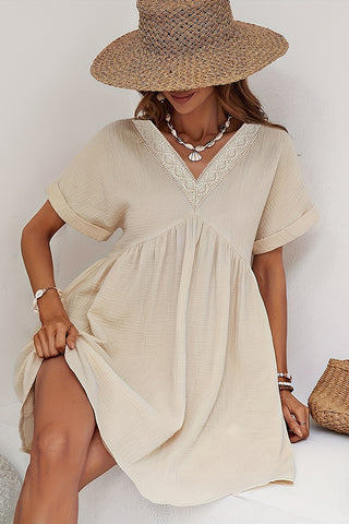 V Neck Patchwork Solid Loose Casual Dress
