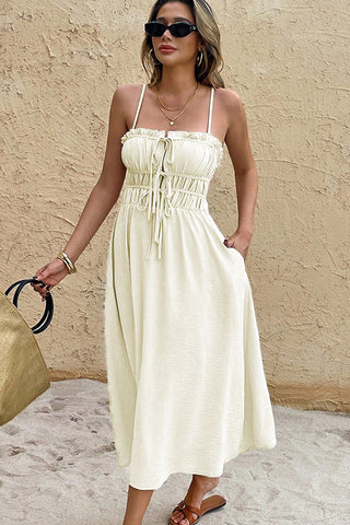 Solid Color Pleated Tie Front Frill Slip Dress