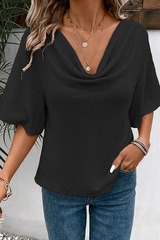 Solid Cowl Neck Flared Sleeve Casual Top