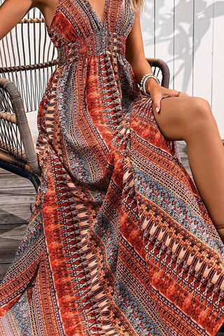 Fashion V Neck Printed Slit Design Maxi Dress