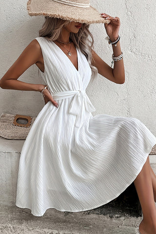V Neck Solid Color Tie Waist Casual Dress
