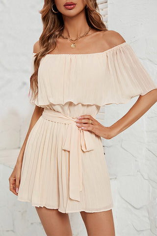 Off The Shoulder Solid Tie Waist Pleated Romper