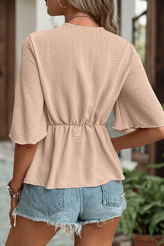 Solid Color V Neck Knot Front Casual Tops