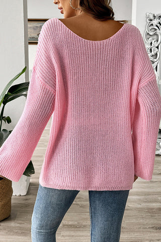 Solid Color Knitted Flared Sleeves Casual Sweater