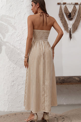 Resort Style Halter Neck Stripe Print Maxi Dress