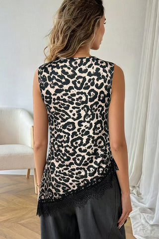 Leopard Print Lace Patchwork Irregular Hem Top