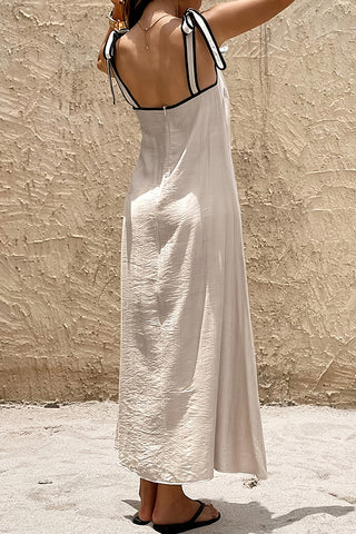 Resort Style Color Block Tie Shoulder Casual Dress