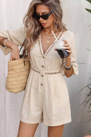 V Neck Solid Color Hollow Design Casual Romper
