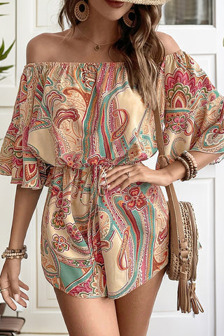 Off-Shoulder Paisley Print Puff Sleeve Romper