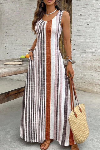 Vacation Style Stripe Print U Neck Maxi Dress