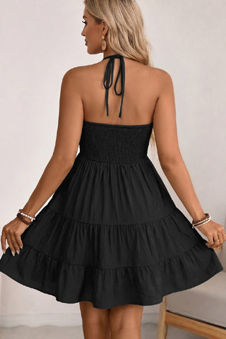 Smocked Back U Neck Halter Neck Mini Dress