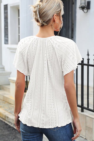 Solid Color Ruffle Sleeve Hollow Casual Top