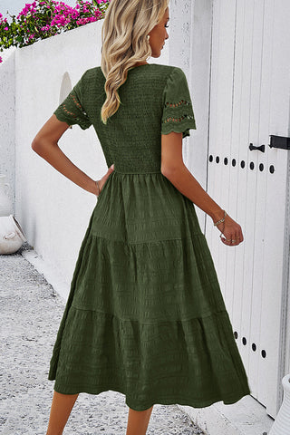 Solid Color Smocked Round Neck Casual Dress