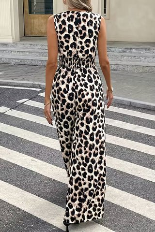 Leopard Print V Neck High Waisted Jumpsuit