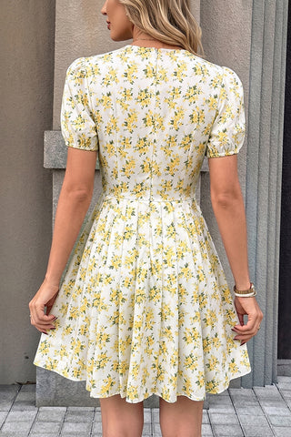 V Neck Floral Print Puff Sleeves Mini Dress