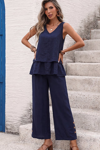 V Neck Solid Color Layered Two Piece Set