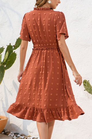Solid Color V Neck Frill Smocked Waist Dress