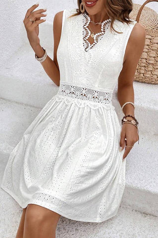 Lace Patchwork Solid V Neck Mini Dress