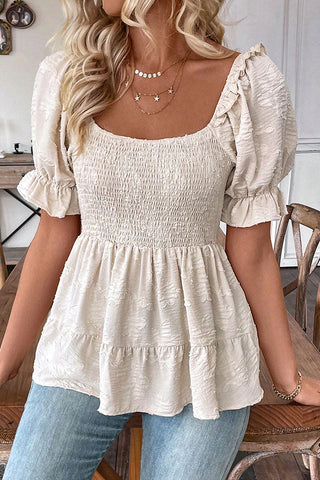 Solid Color Square Neck Smocked Casual Top