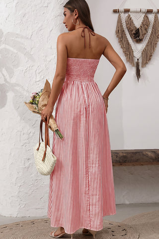 Deep V Neck Resort Style Halter Neck Dress