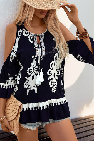Retro Style Off-Shoulder Printed Lace Patchwork Top
