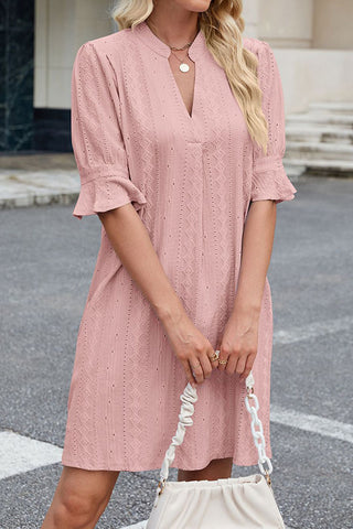 Solid Color V Neck Ruffle Sleeve Dress