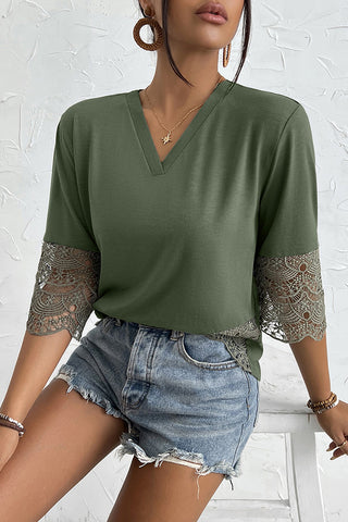 Lace Patchwork V Neck Solid Casual Top