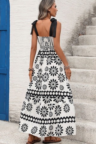 Ethnic Print Tie Shoulder Smocked Back Dress
