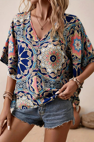 Retro Style Printed V Neck Casual Top